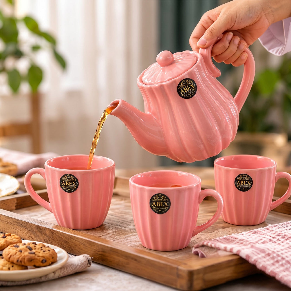 Ribbed Ceramic Tea Set With Teapot 4 Cups For Serving And Gifting (1 Set)