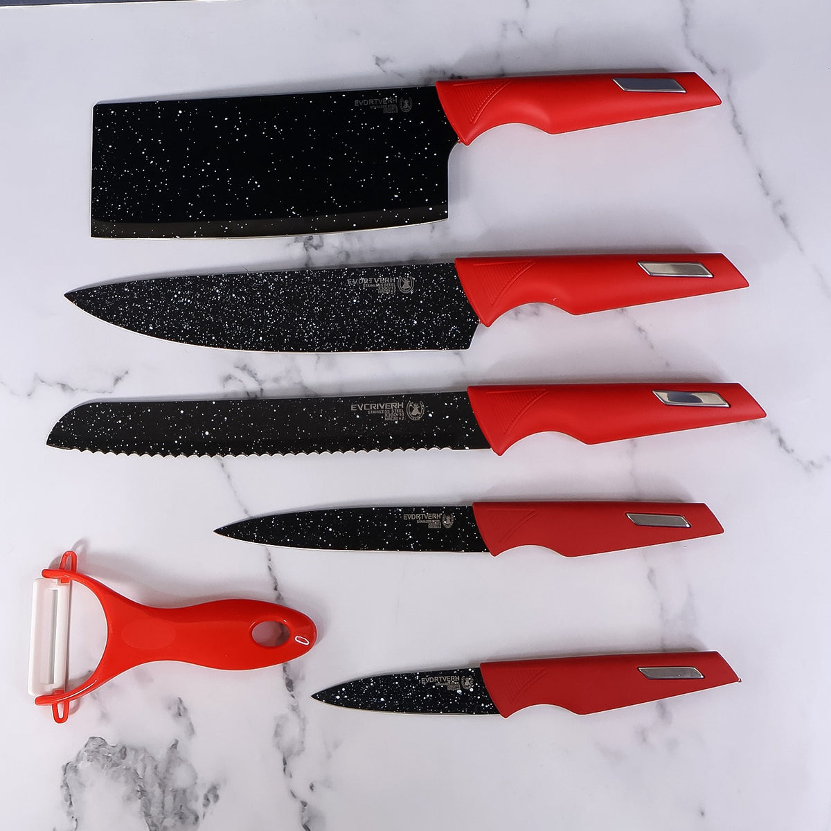 Kitchen Knife Set With Marble-coated Blades Red Handles (6 Pc)