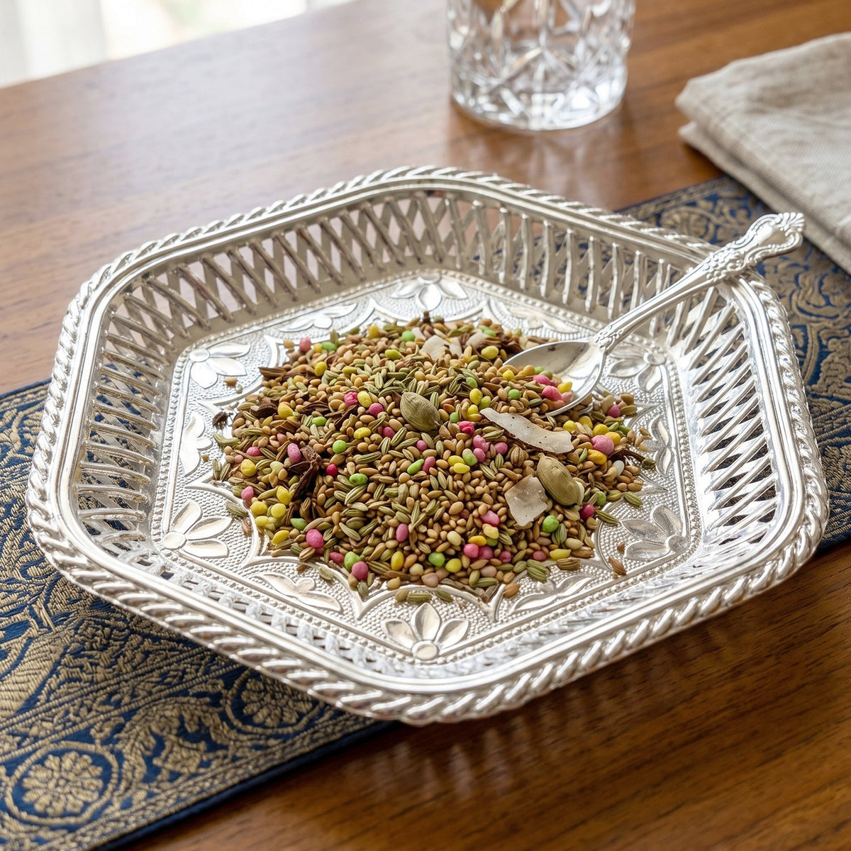 Decorative Silver Serving Tray Traditional Embossed Floral Design