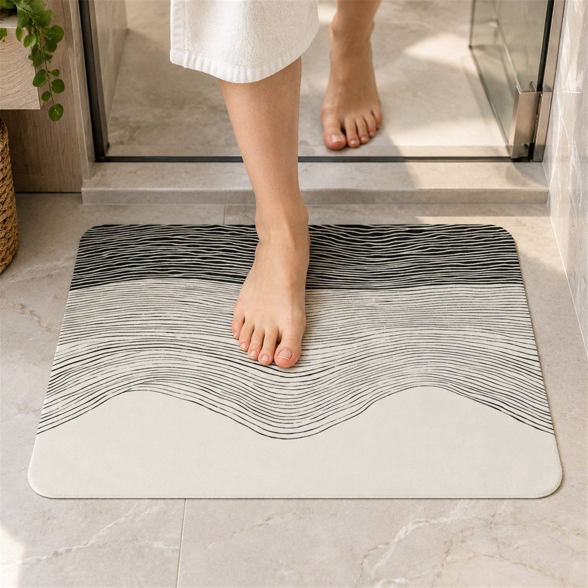 Absorbent Bathroom Mat Abstract Wave Line Print Quick Dry Mat (1 Pc 60x40 Cm)