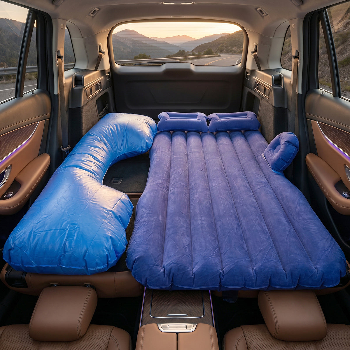 Portable Car Air Mattress Bed Set With Pump Pillows Inflatable (Blue)