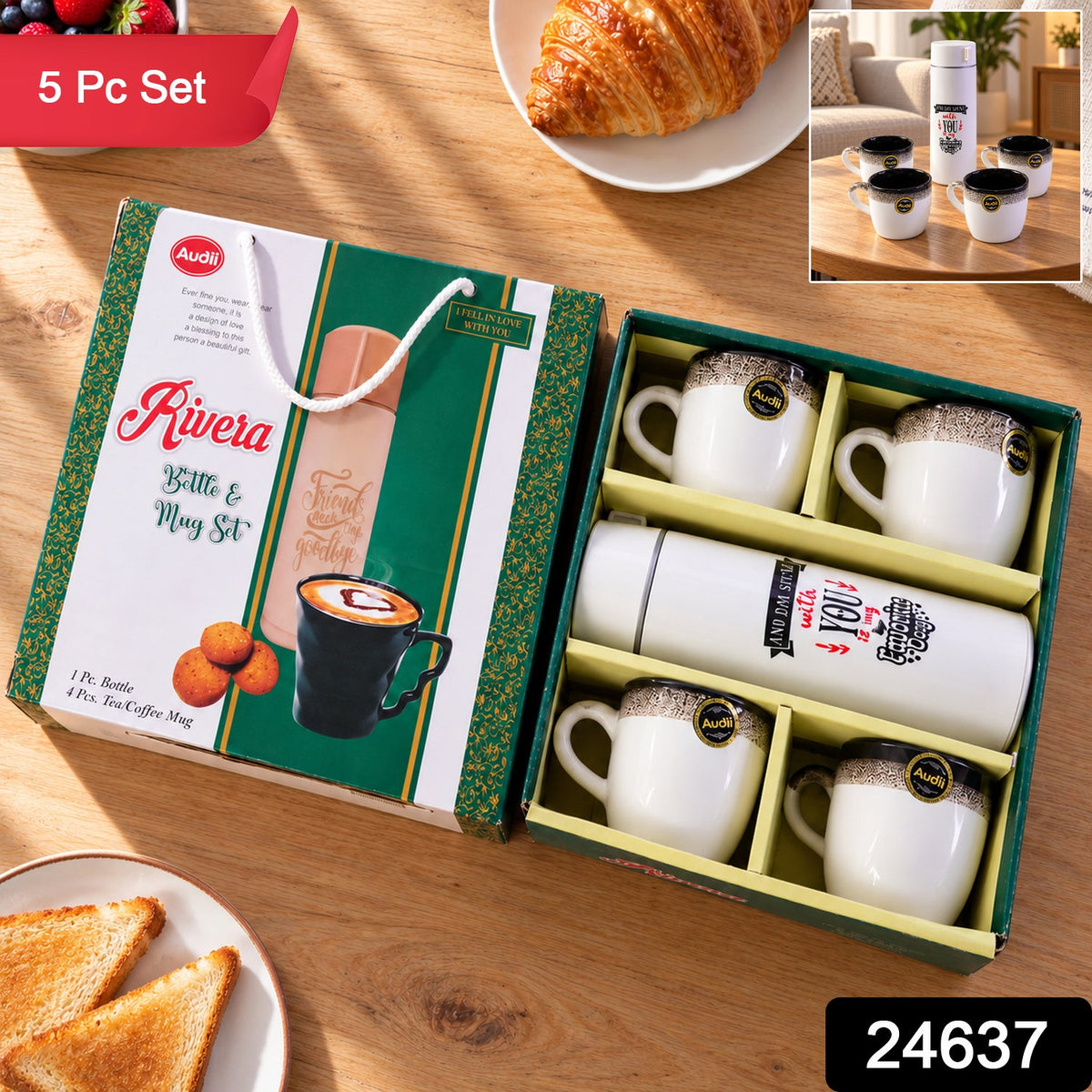 Bottle And Mug Gift Set 1 Flask Bottle With 4 Tea Coffee Mugs (5 Pc Set)