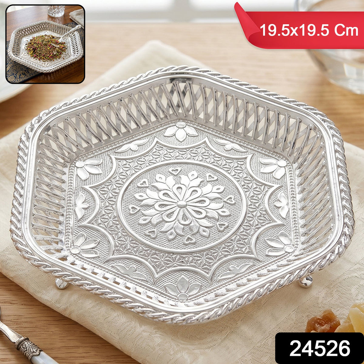Decorative Silver Serving Tray Traditional Embossed Floral Design