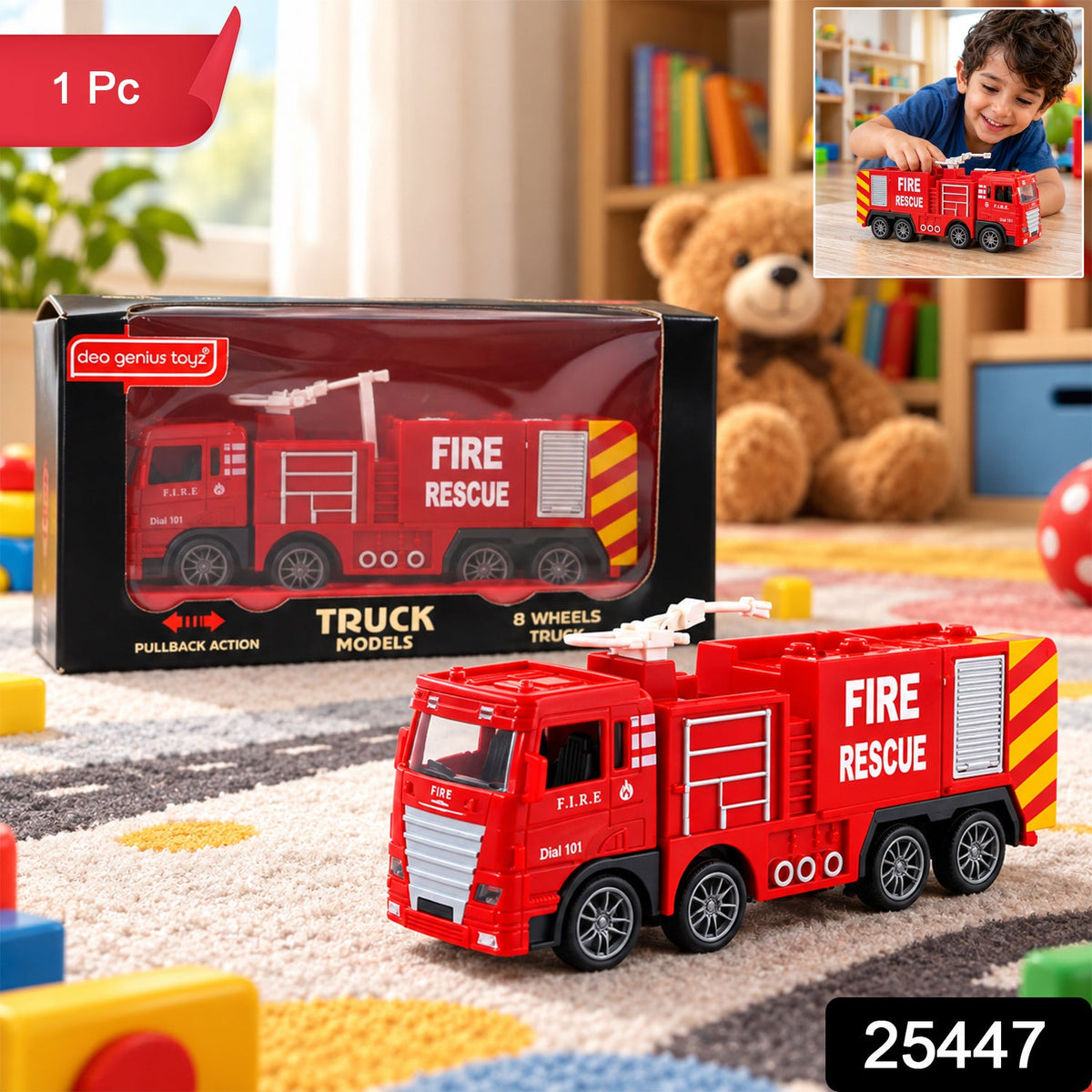 Pullback Fire Rescue Truck Toy With Movable Nozzle For Kids Indoor Play (1 Pc)