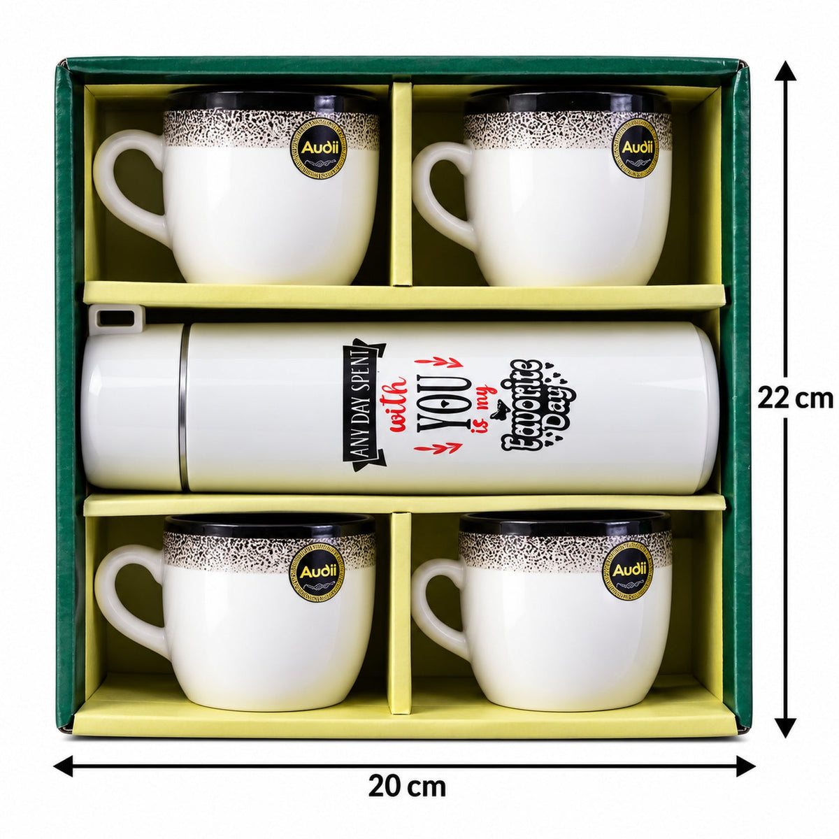 Bottle And Mug Gift Set 1 Flask Bottle With 4 Tea Coffee Mugs (5 Pc Set)