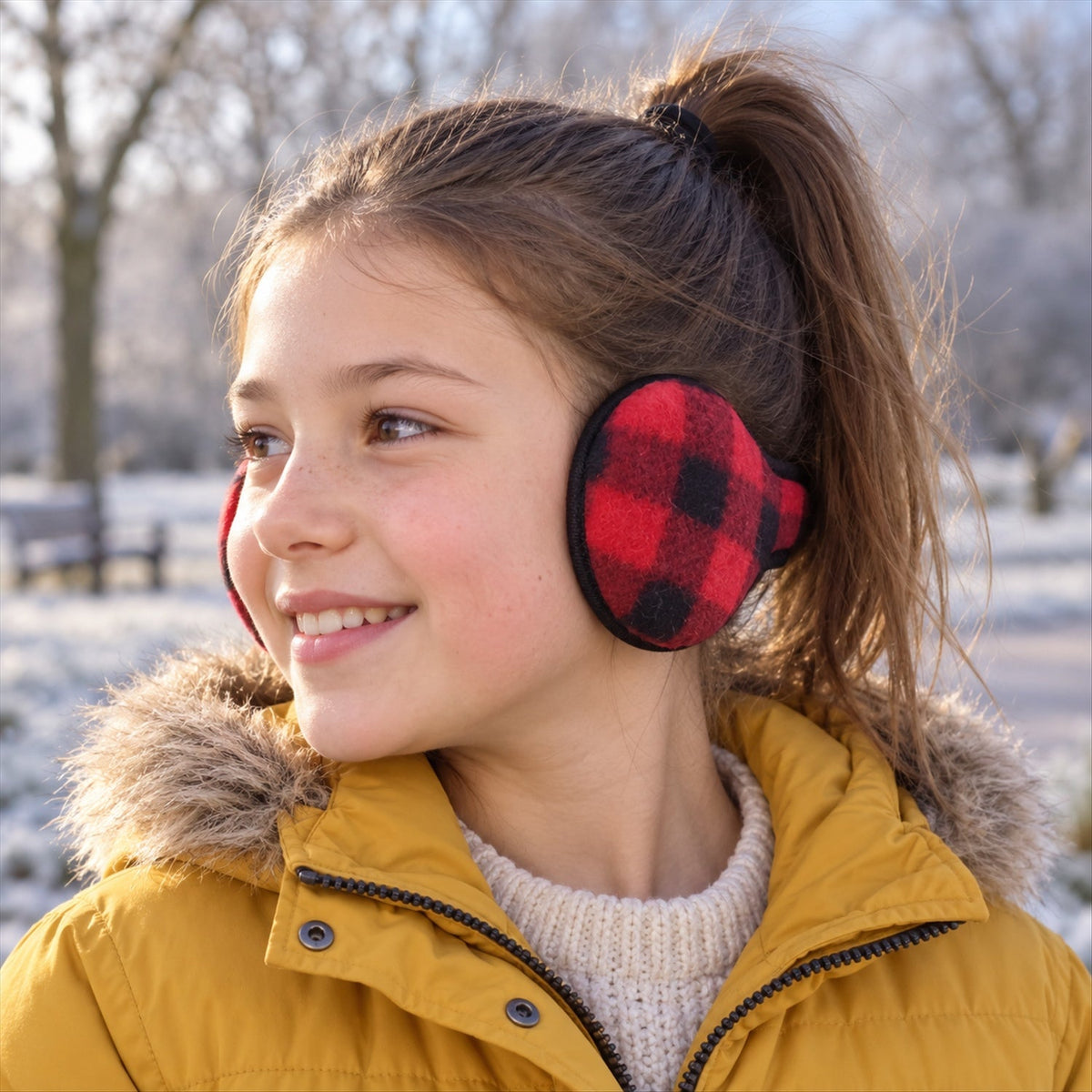 Check Pattern Winter Warm Ear Muffs With Behind Neck Band For Daily Use (1 Pc)