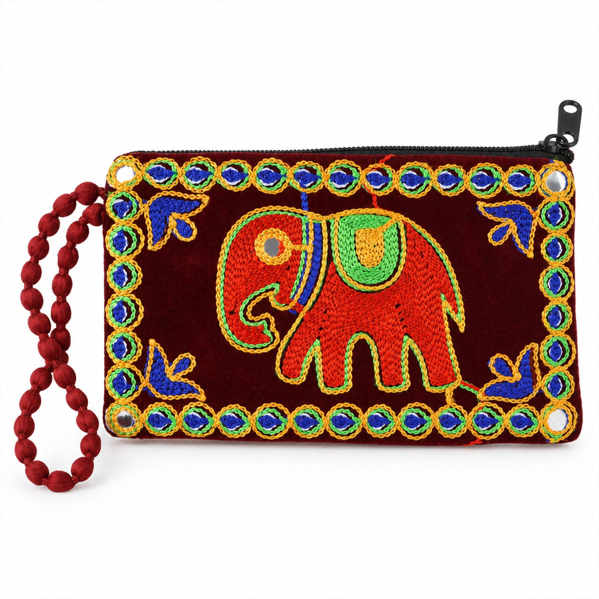 Elephant Embroidered Clutch Wallet Purse With Wrist Loop (1 Pc 12x20 Cm)