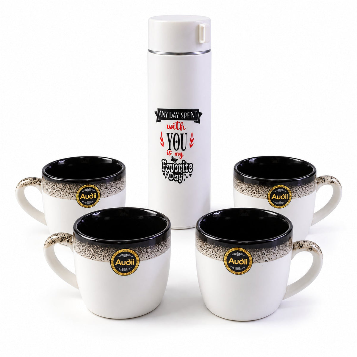 Bottle And Mug Gift Set 1 Flask Bottle With 4 Tea Coffee Mugs (5 Pc Set)