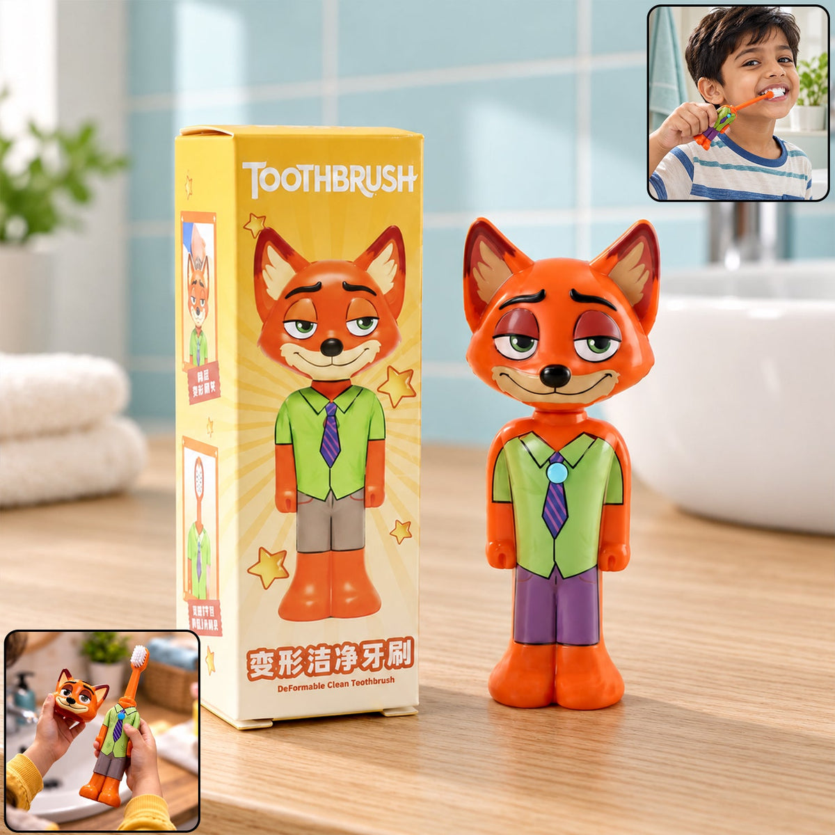 Kids Fox Character Toothbrush With Soft Bristles  Protective Cap (1 Pc)