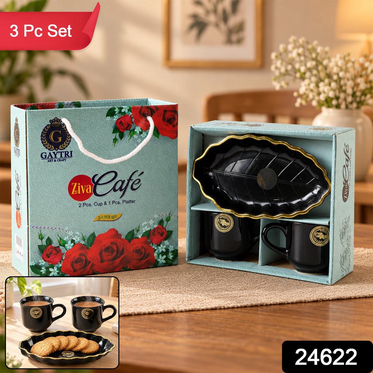 Tea And Coffee Cup Set With Leaf Shaped Platter For Biscuit Serving (3 Pc Set)
