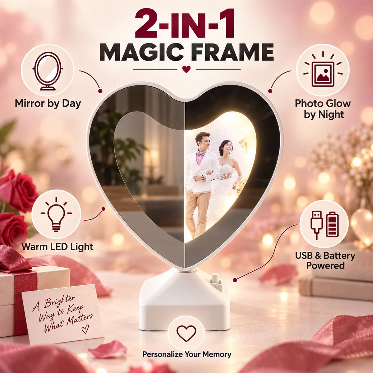 Heart Shape Led Mirror Photo Frame With Warm Light For Tabletop Home Decor
