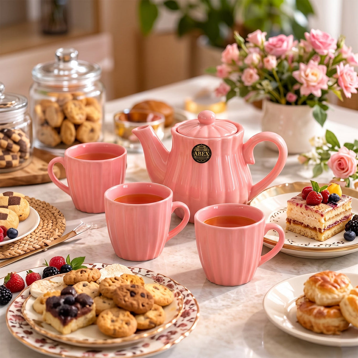 Ribbed Ceramic Tea Set With Teapot  4 Cups For Serving And Gifting (1 Set)