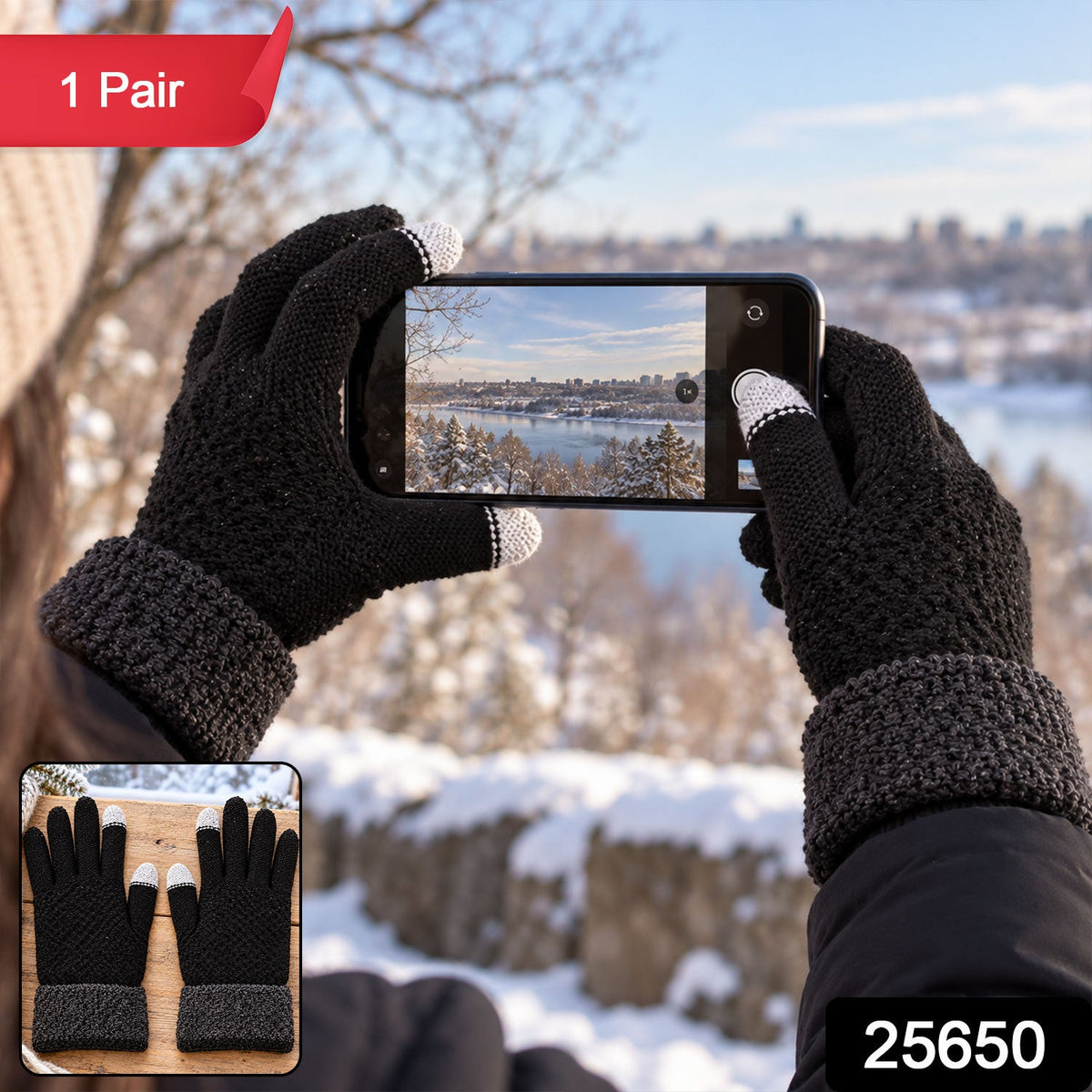 Touch Screen Winter Gloves With Stretchable Knit Fabric And Folded Cuffs (1 Pair)
