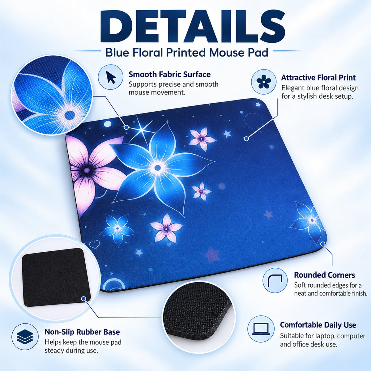 Floral Mouse Pad With Non Slip Rubber Base (1 Pc 26x21 Cm)