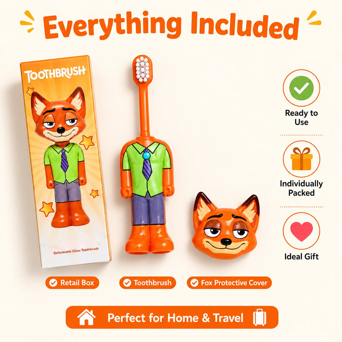Kids Fox Character Toothbrush With Soft Bristles  Protective Cap (1 Pc)