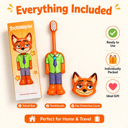 Kids Fox Character Toothbrush With Soft Bristles  Protective Cap (1 Pc)