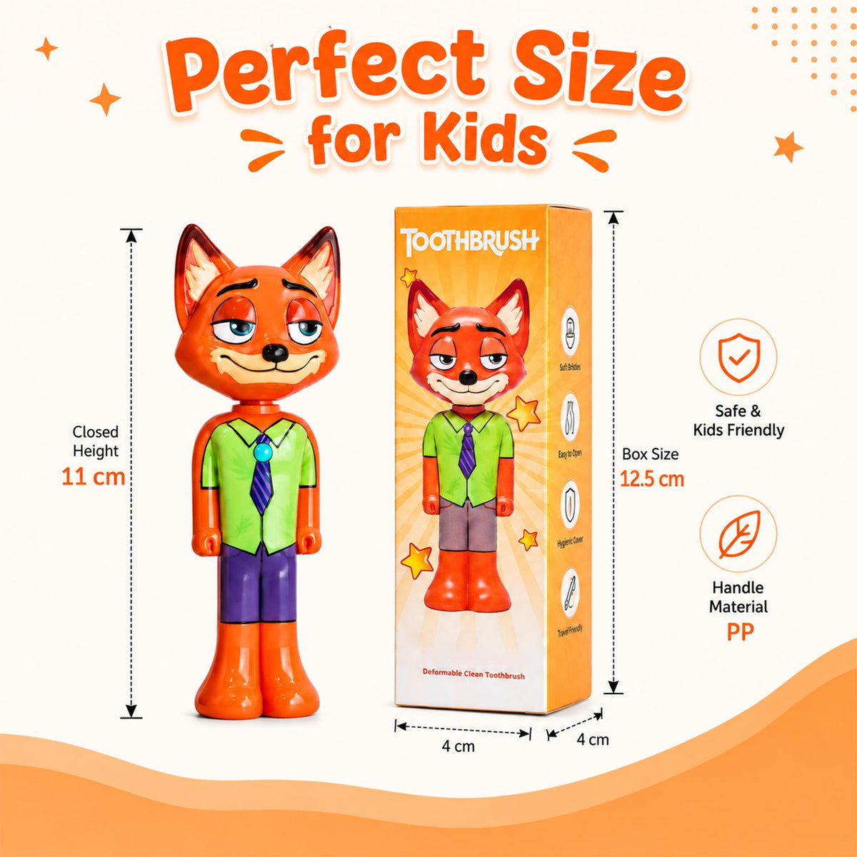 Kids Fox Character Toothbrush With Soft Bristles  Protective Cap (1 Pc)