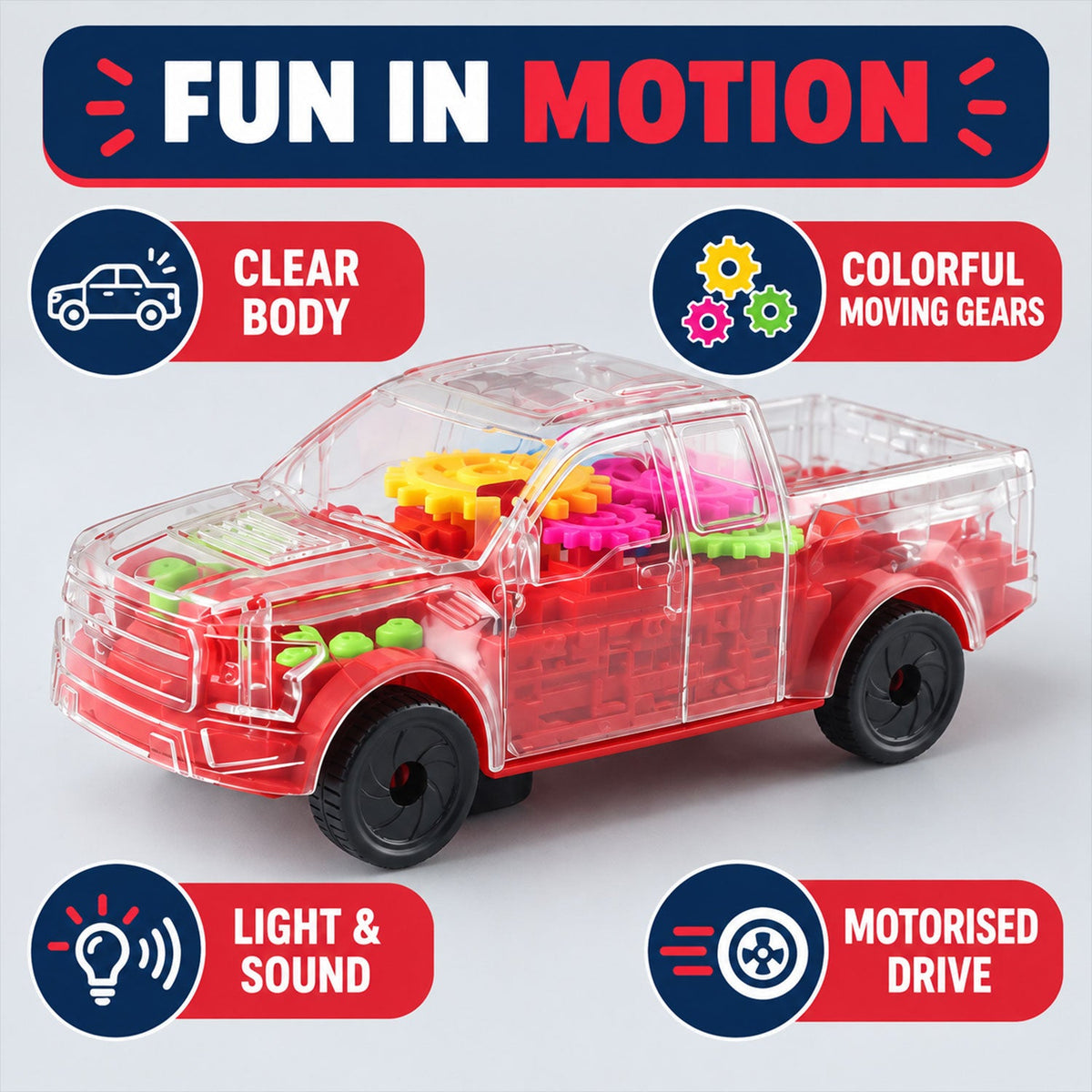 Transparent Gear Toy Car With Lights And Sound For Kids Indoor Play (1 Pc)