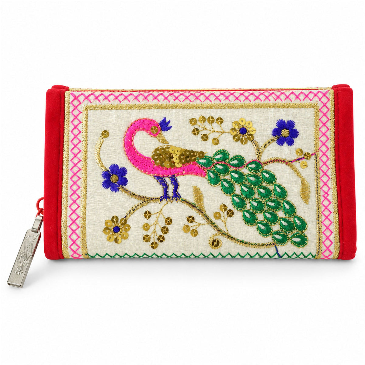 Traditional Peacock Embroidered Clutch Wallet Purse With Zip (1 Pc 11x20 Cm)