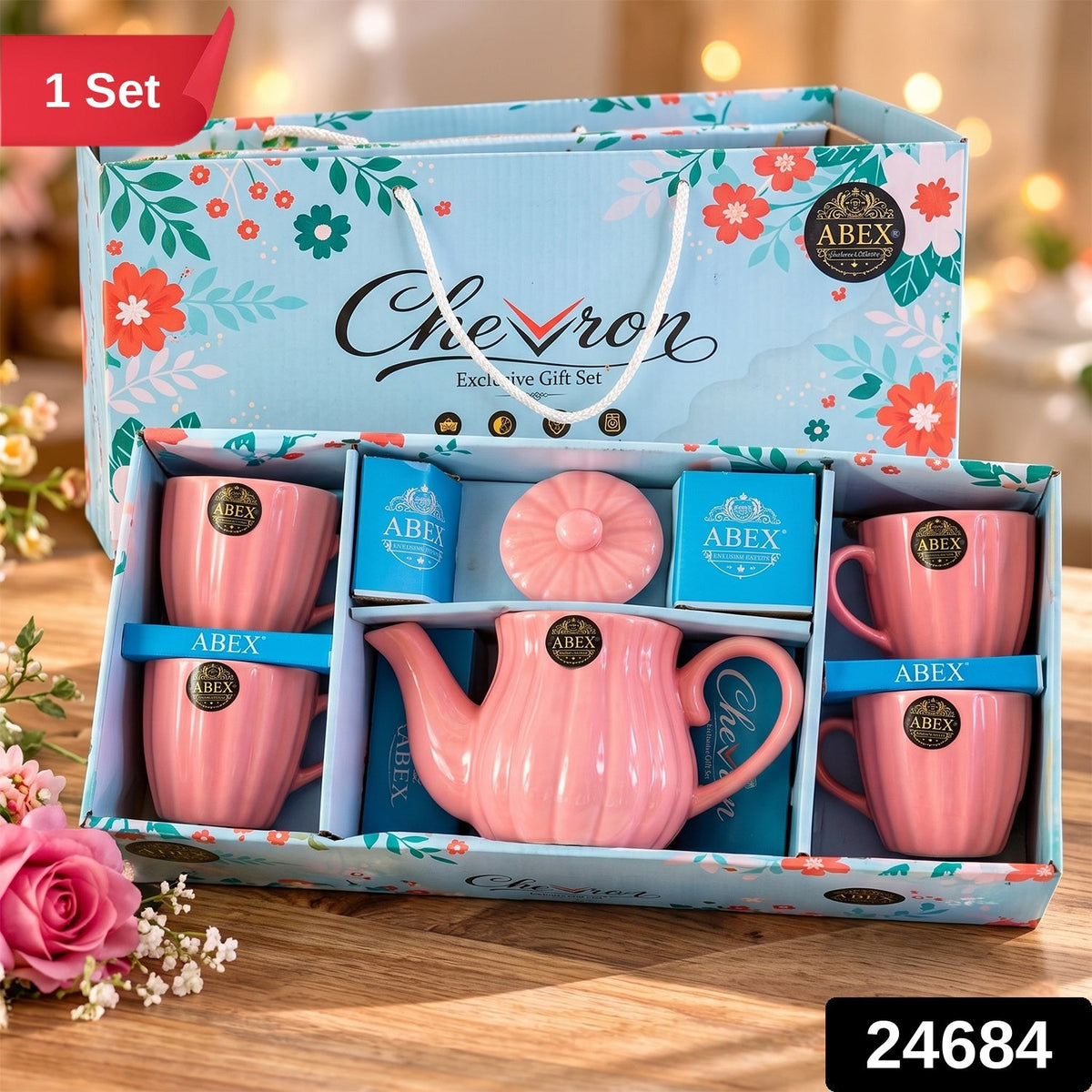 Ribbed Ceramic Tea Set With Teapot  4 Cups For Serving And Gifting (1 Set)