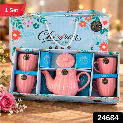 Ribbed Ceramic Tea Set With Teapot  4 Cups For Serving And Gifting (1 Set)