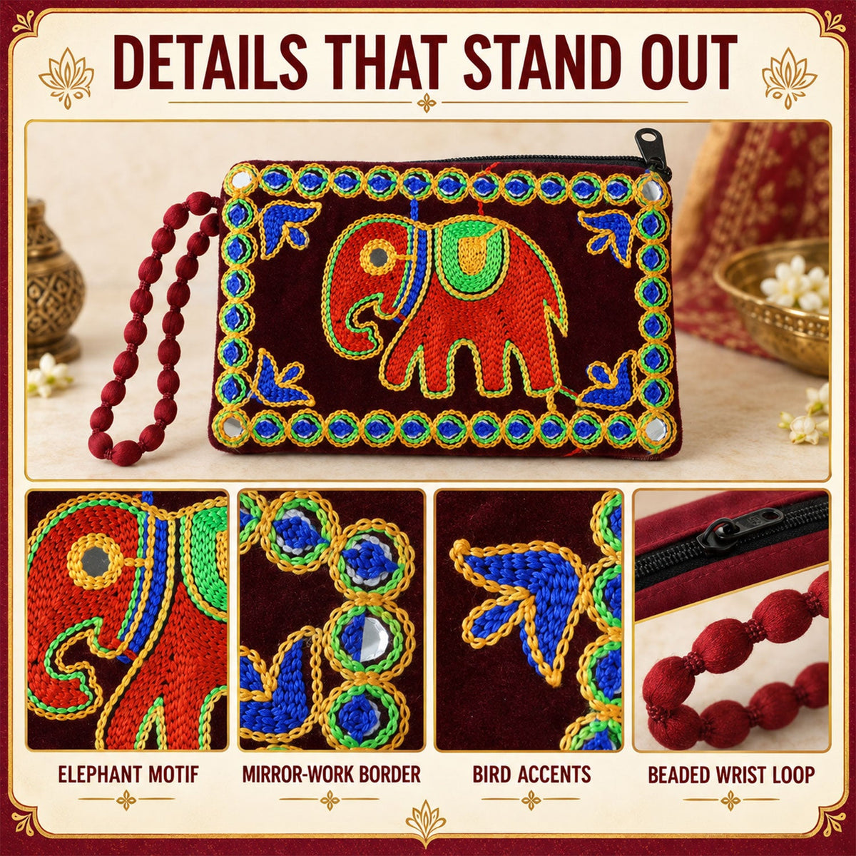 Elephant Embroidered Clutch Wallet Purse With Wrist Loop (1 Pc 12x20 Cm)