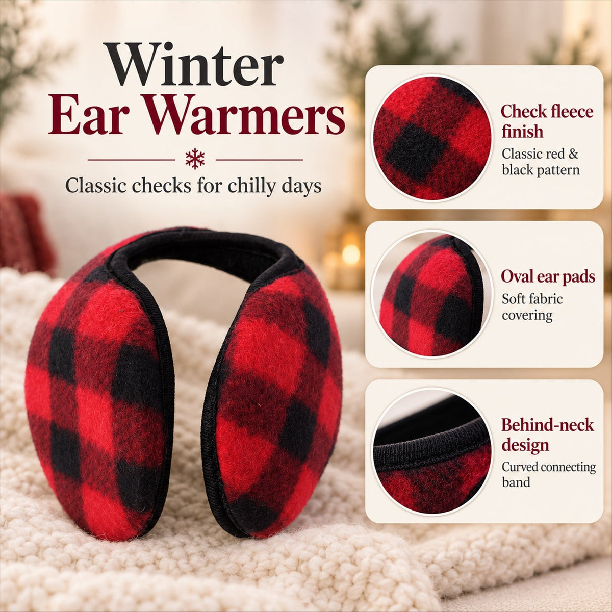 Check Pattern Winter Warm Ear Muffs With Behind Neck Band For Daily Use (1 Pc)