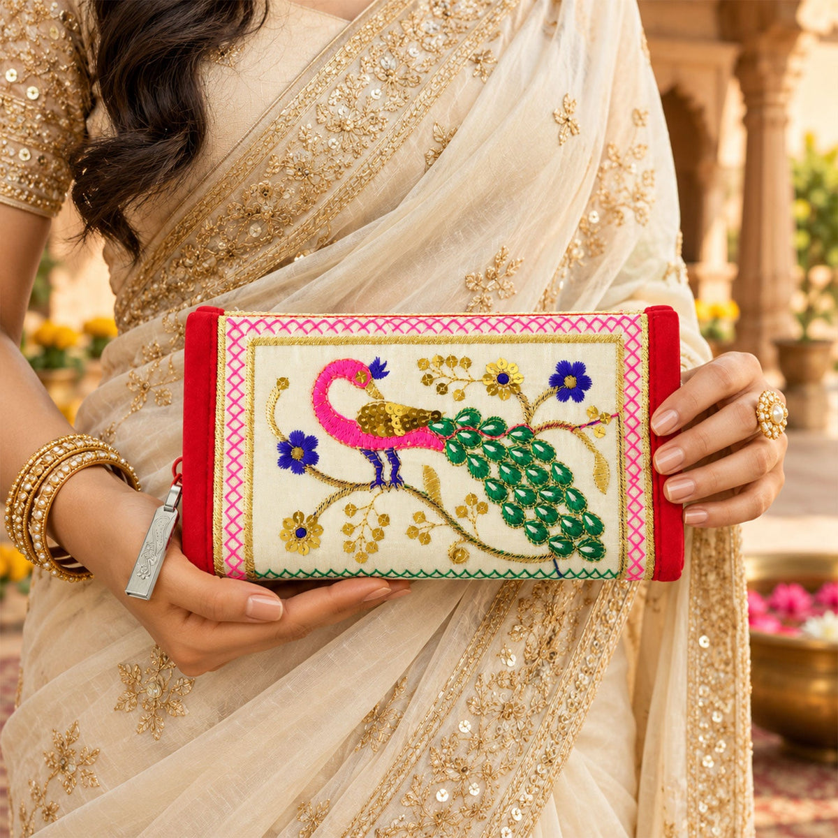 Traditional Peacock Embroidered Clutch Wallet Purse With Zip (1 Pc 11x20 Cm)