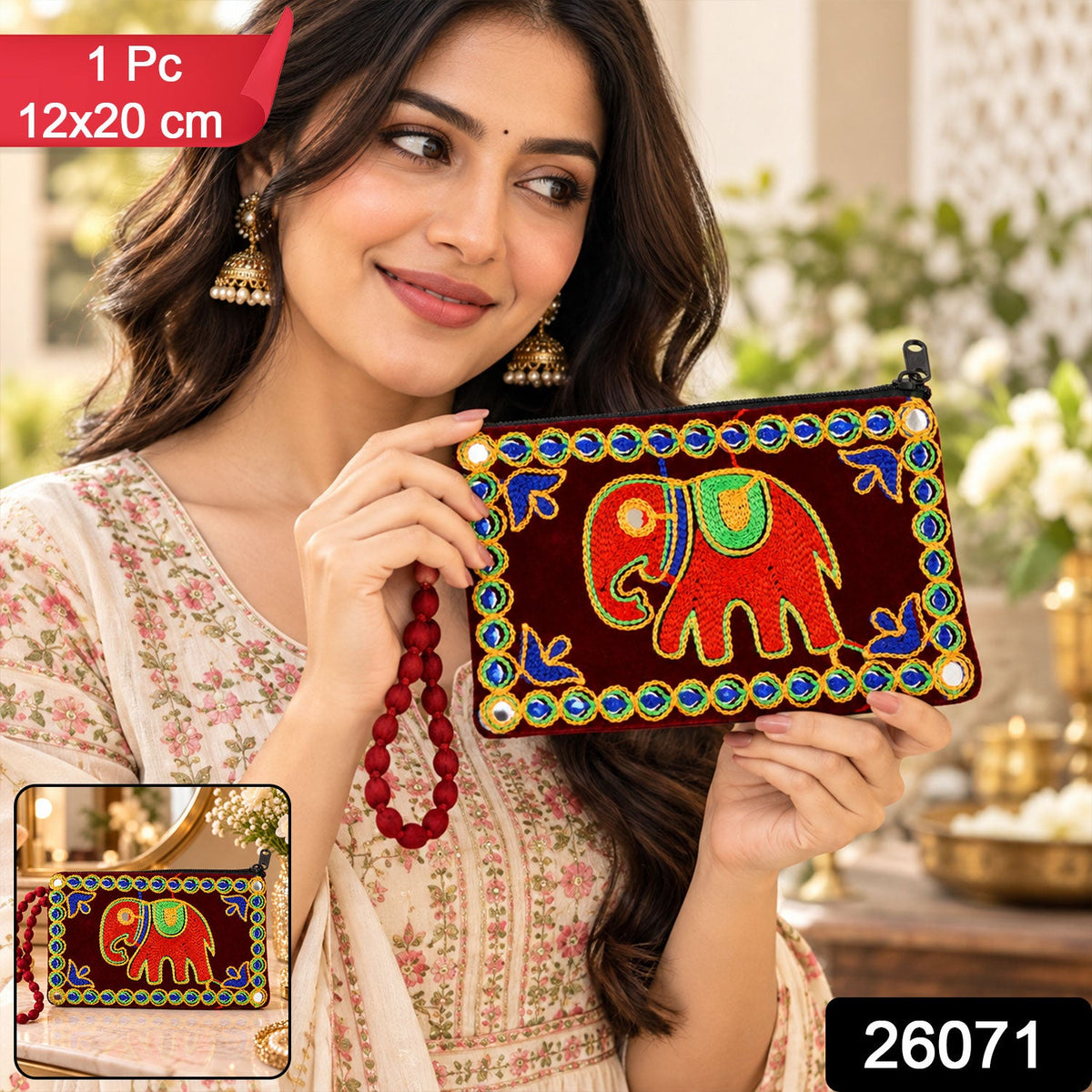 Elephant Embroidered Clutch Wallet Purse With Wrist Loop (1 Pc 12x20 Cm)
