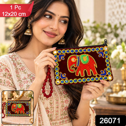 Elephant Embroidered Clutch Wallet Purse With Wrist Loop (1 Pc 12x20 Cm)