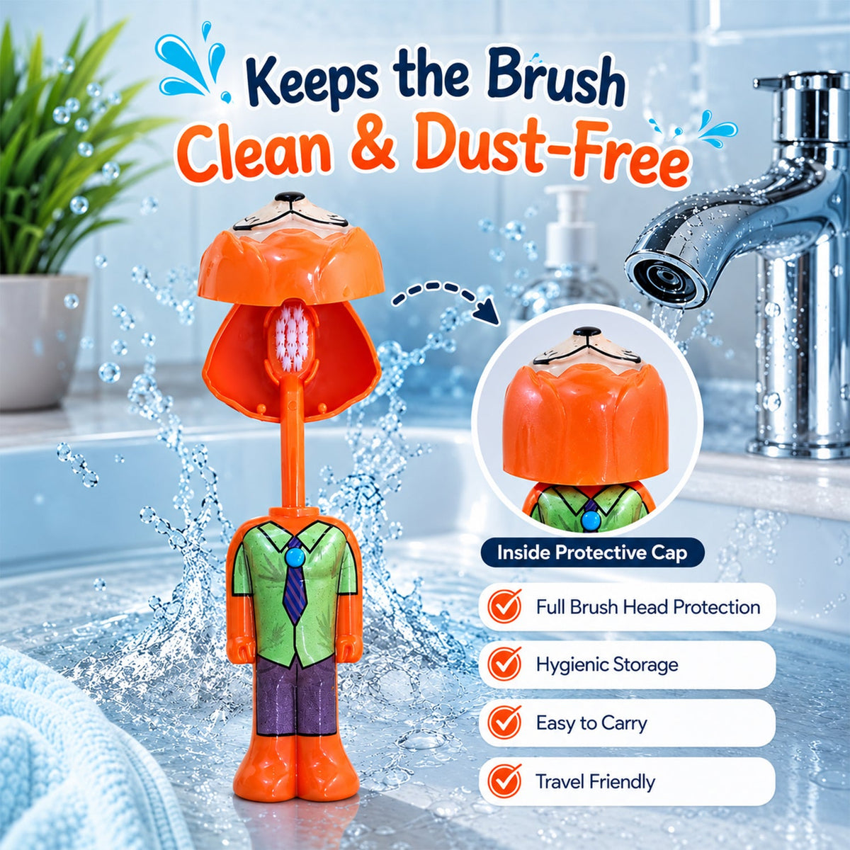 Kids Fox Character Toothbrush With Soft Bristles  Protective Cap (1 Pc)