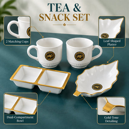 Tea And Snacks Serving Set With Cups Divided Bowl And Leaf Platter (4 Pc Set)