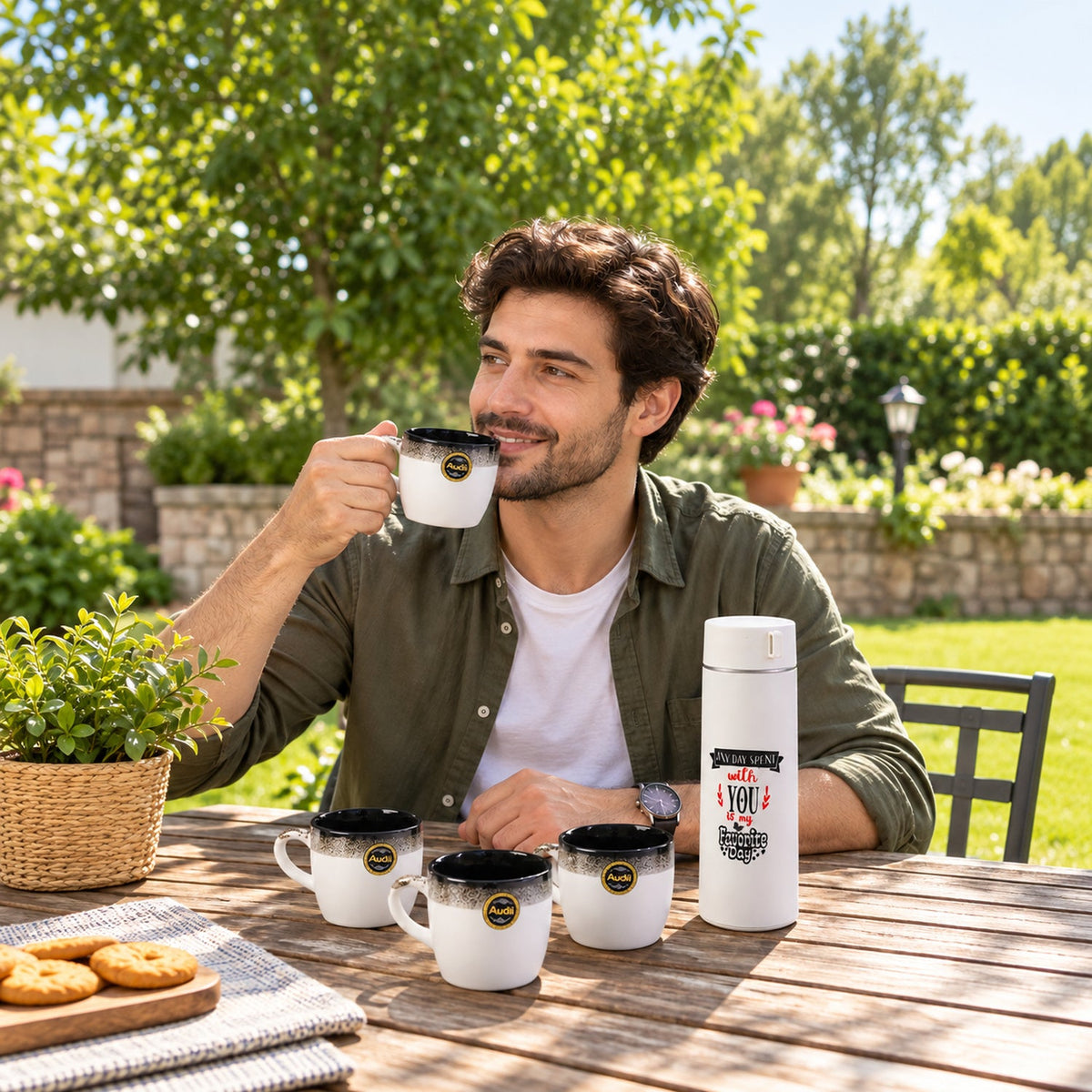 Bottle And Mug Gift Set 1 Flask Bottle With 4 Tea Coffee Mugs (5 Pc Set)