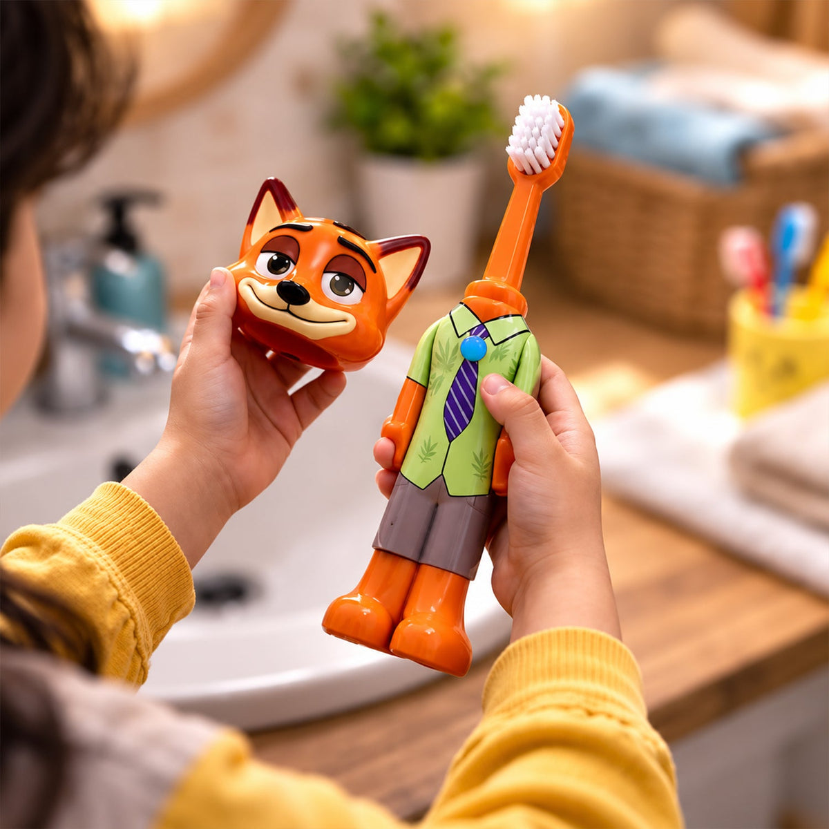 Kids Fox Character Toothbrush With Soft Bristles  Protective Cap (1 Pc)