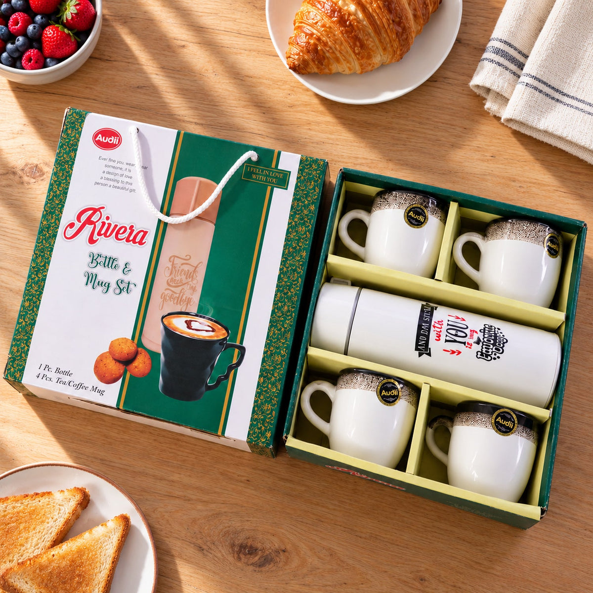 Bottle And Mug Gift Set 1 Flask Bottle With 4 Tea Coffee Mugs (5 Pc Set)