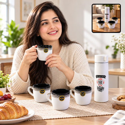 Bottle And Mug Gift Set 1 Flask Bottle With 4 Tea Coffee Mugs (5 Pc Set)