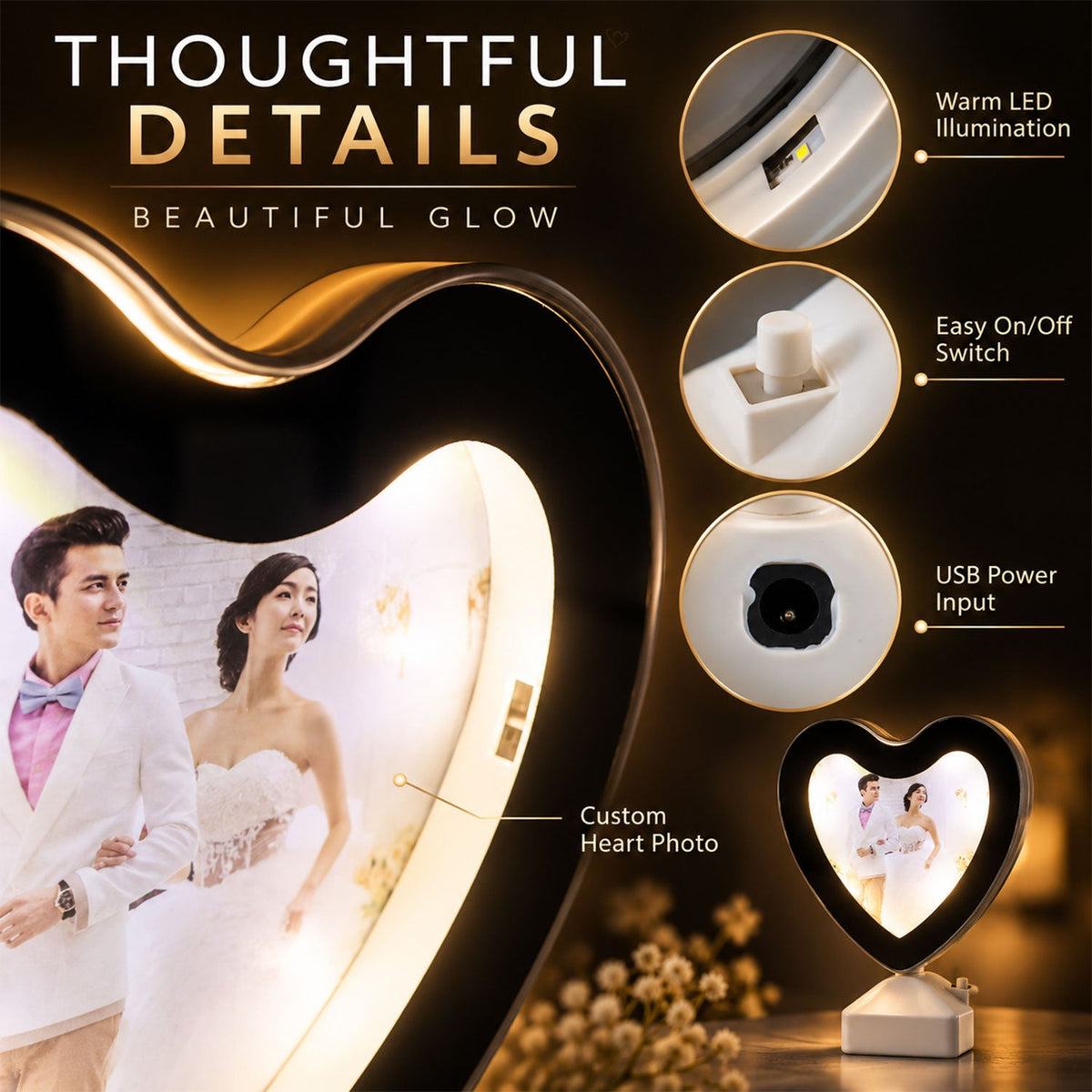 Heart Shape Led Mirror Photo Frame With Warm Light For Tabletop Home Decor