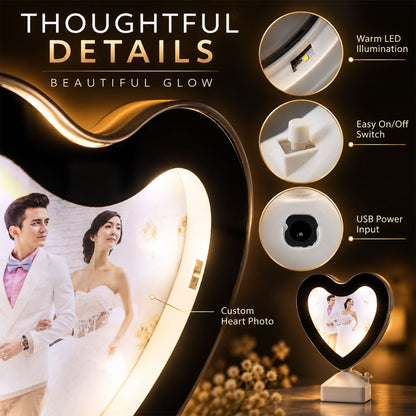 Heart Shape Led Mirror Photo Frame With Warm Light For Tabletop Home Decor