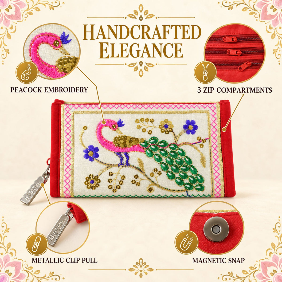 Traditional Peacock Embroidered Clutch Wallet Purse With Zip (1 Pc 11x20 Cm)