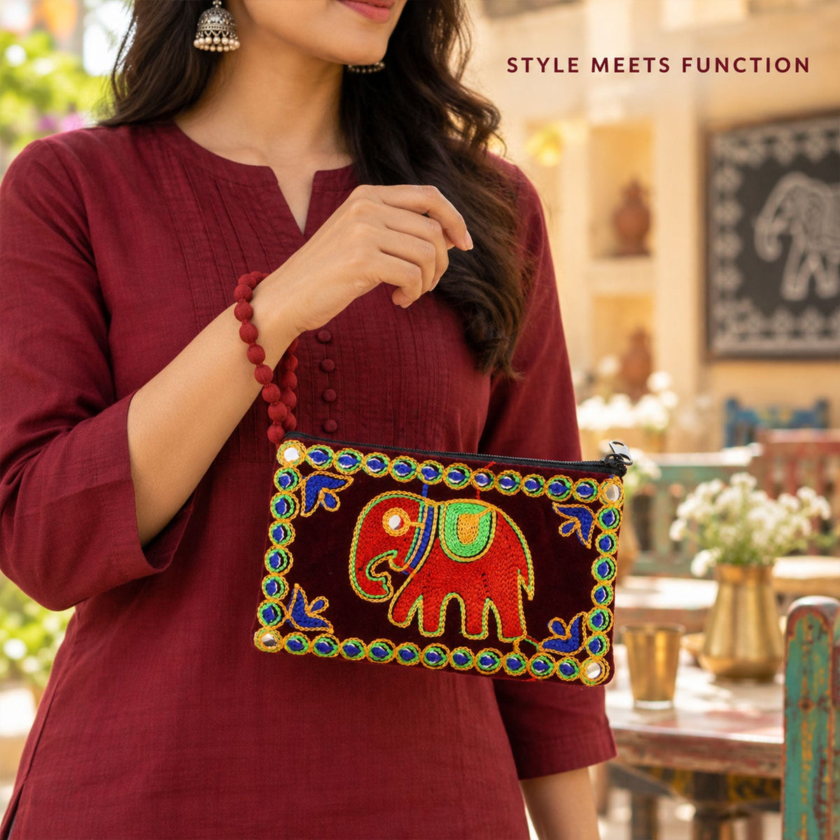 Elephant Embroidered Clutch Wallet Purse With Wrist Loop (1 Pc 12x20 Cm)
