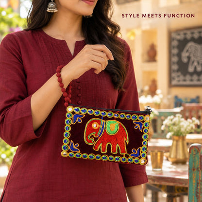 Elephant Embroidered Clutch Wallet Purse With Wrist Loop (1 Pc 12x20 Cm)