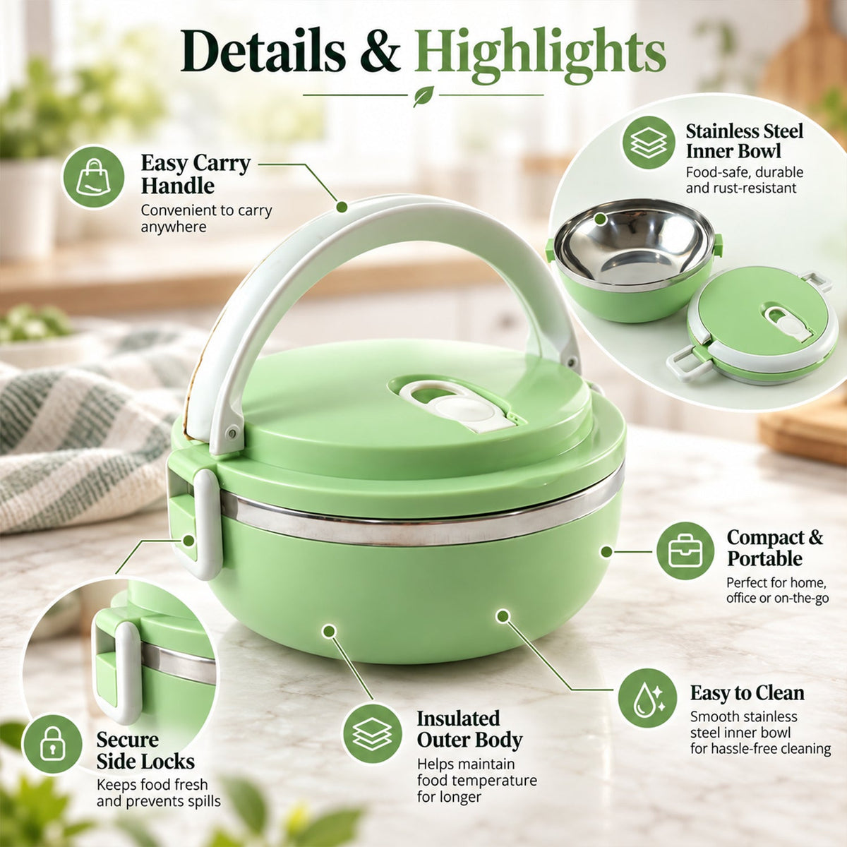 Single Layer Stainless Steel Inner Lunch Box With Carry Handle (700 Ml)