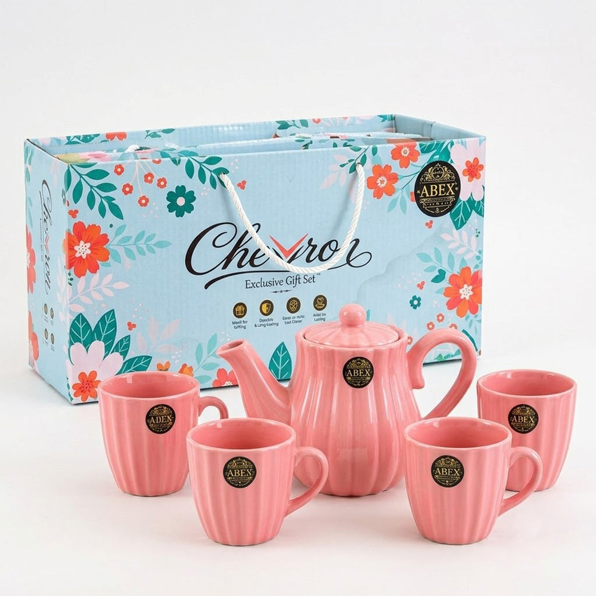 Ribbed Ceramic Tea Set With Teapot  4 Cups For Serving And Gifting (1 Set)