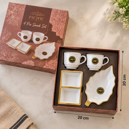Tea And Snacks Serving Set With Cups Divided Bowl And Leaf Platter (4 Pc Set)