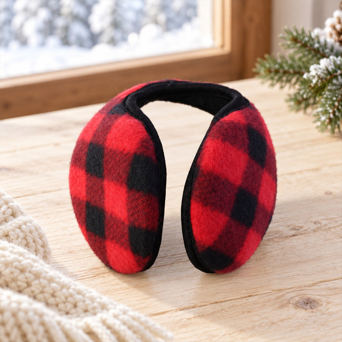 Check Pattern Winter Warm Ear Muffs With Behind Neck Band For Daily Use (1 Pc)