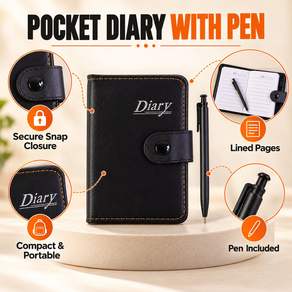 Lined Pocket Notebook Diary With Pen And Snap Closure (1 Pc 12 X 8 Cm)