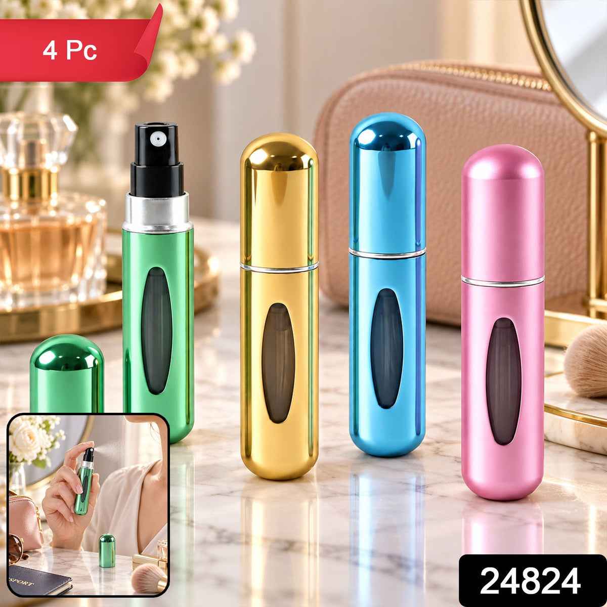 Mini Empty Refillable Perfume Spray Bottles With Refill Valve For Travel (4 Pc)