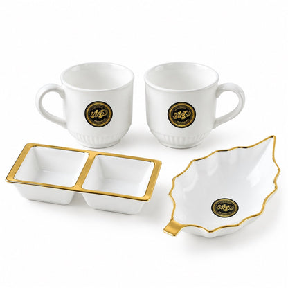 Tea And Snacks Serving Set With Cups Divided Bowl And Leaf Platter (4 Pc Set)