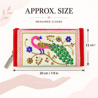 Traditional Peacock Embroidered Clutch Wallet Purse With Zip (1 Pc 11x20 Cm)