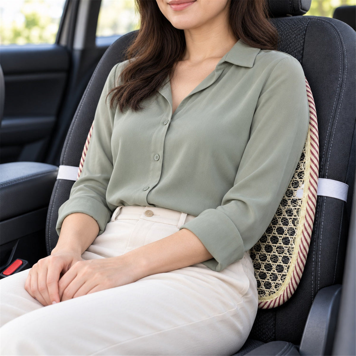 Car Seat Mesh Back Support With Curved Frame  Elastic Strap Backrest (1 Pc)